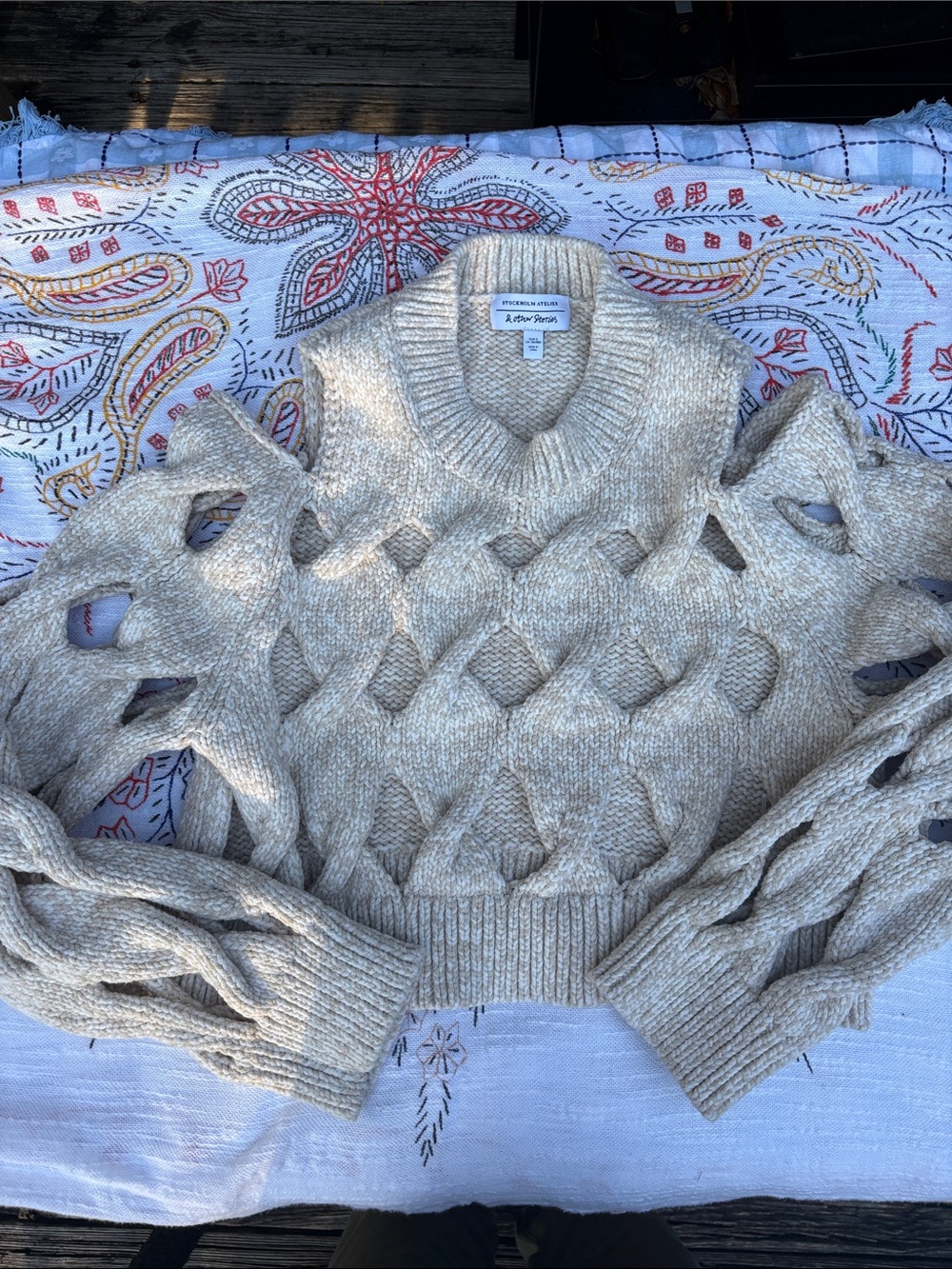 & other stories Beige Open-Knit Diamond Cutout Crewneck Sweater